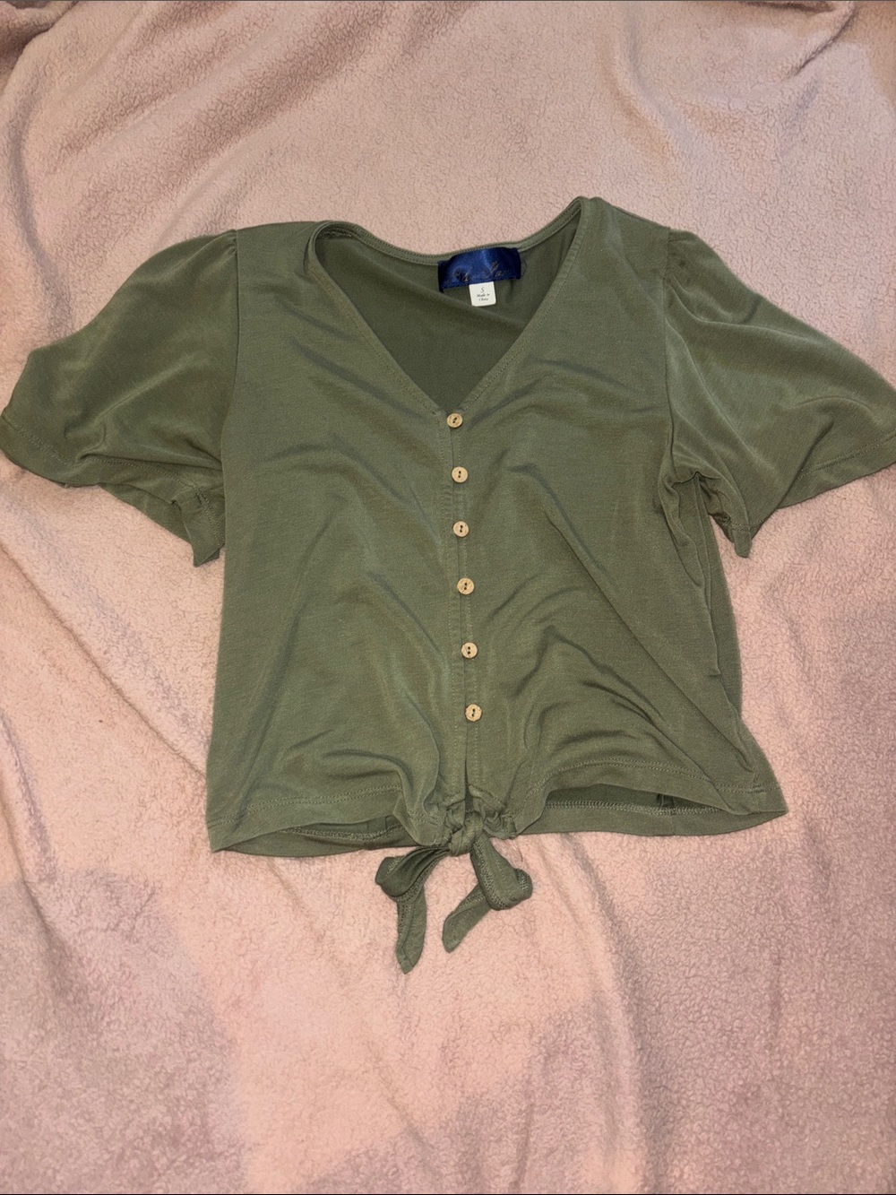 Blue Rain Olive Green Tie-Front Button V-Neck Crop Top
